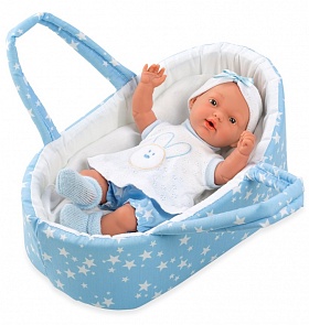 Пупс из серии Arias Elegance 26 см. в одежде, виниловое тело, в голубой люльке-переноске с матрасом, соской (Arias, Т13718)